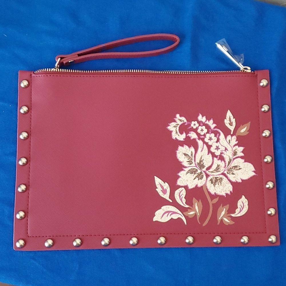 White House Black Market Floral Studded Wristlet Clutch - Maroon / Burgundy